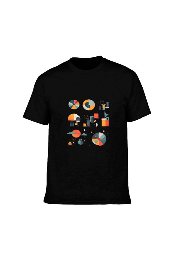 Men's Cotton Short Sleeve T-Shirt with Colorful Abstract Geometric Design - Modern Pattern of Circles Squares & Triangles