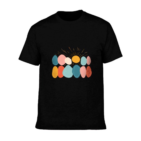 Men's Cotton Short Sleeve T-Shirt with Colorful Abstract Overlapping Circles Design - Retro Sun Pattern Tee Top
