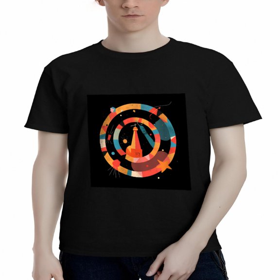 Men's Cotton Short Sleeve T-Shirt with Colorful Abstract Rocket Design - Vibrant Circular Pattern on Black Background