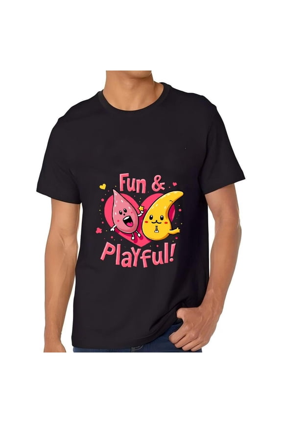 Men's Cotton Short Sleeve T-Shirt with Colorful Cartoon Characters & Heart Design - Fun & Playful Graphic Tee