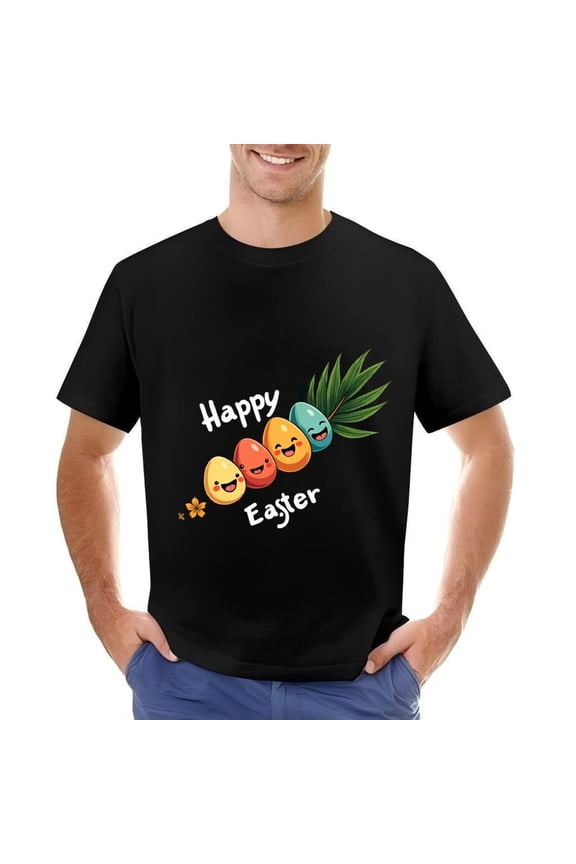 Men's Cotton Short Sleeve T-Shirt with Colorful Cartoon Eggs Design - Happy Easter Graphic Tee