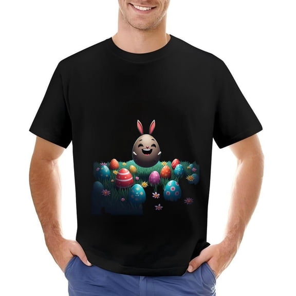 Men's Cotton Short Sleeve T-Shirt with Colorful Cartoon Rabbit and Easter Eggs Design Happy Spring Vibes Dark Background