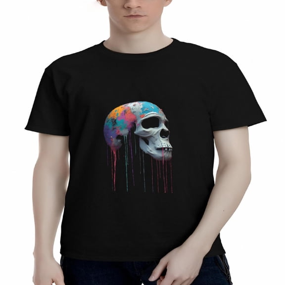 Men's Cotton Short Sleeve T-Shirt with Colorful Dripping Skull Design in Blue Purple Orange and Green on Black Background