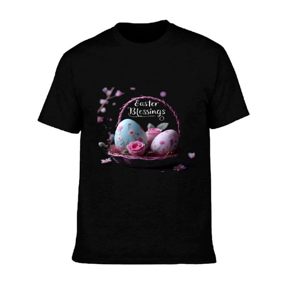 Men's Cotton Short Sleeve T-Shirt with Colorful Easter Eggs Design ' Easter Blessings ' Text Floral Basket & Petals Pattern