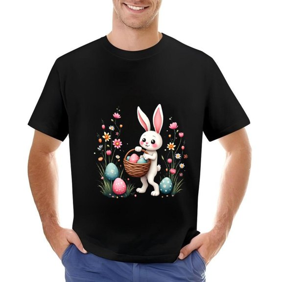 Men's Cotton Short Sleeve T-Shirt with Colorful Easter Rabbit and Flower Pattern Festive Spring Design Perfect for Celebrations