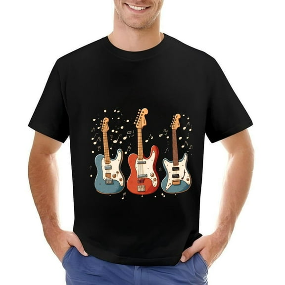 Men's Cotton Short Sleeve T-Shirt with Colorful Electric Guitar Illustration and Musical Notes Design - Casual Music Lover Tee