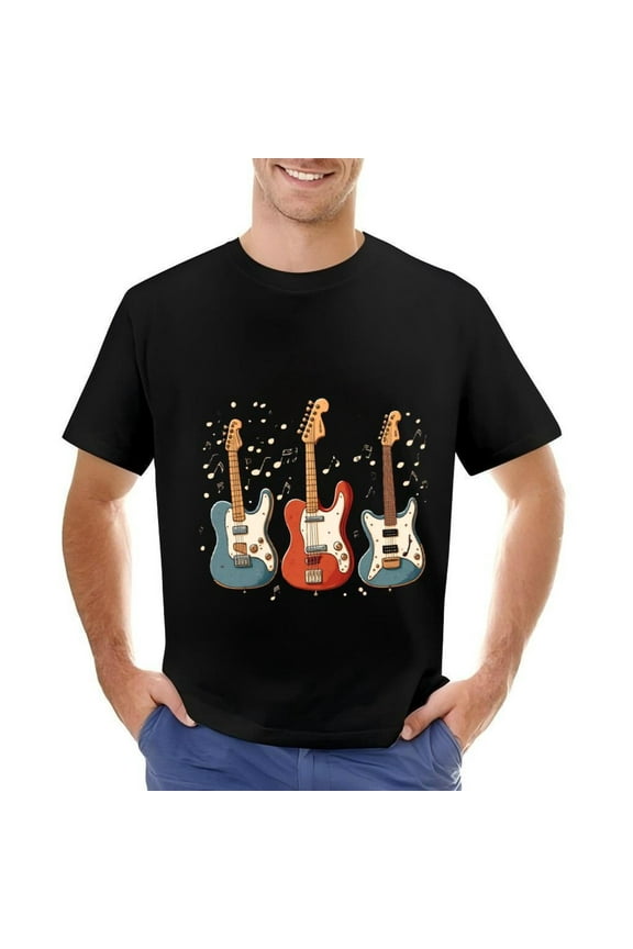 Men's Cotton Short Sleeve T-Shirt with Colorful Electric Guitar Illustration and Musical Notes Design - Casual Music Lover Tee