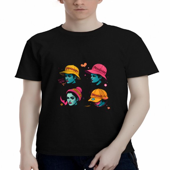 Men's Cotton Short Sleeve T-Shirt with Colorful Feminist Portraits & Hat Designs - Stylish Graphic Tee with Hearts & Stars