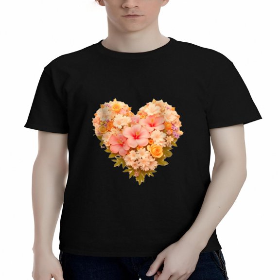 Men's Cotton Short Sleeve T-Shirt with Colorful Floral Heart Design - Vibrant Pink Peach & Yellow Flowers on Black Tee