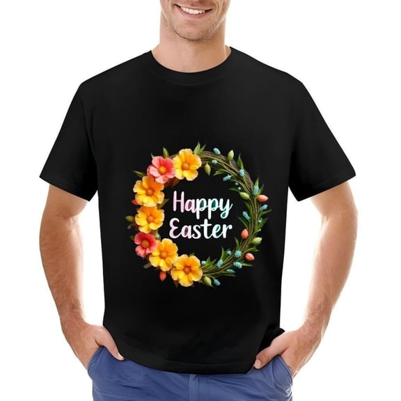Men's Cotton Short Sleeve T-Shirt with Colorful Floral Wreath Design - Happy Easter Graphic Tee in Vibrant Colors
