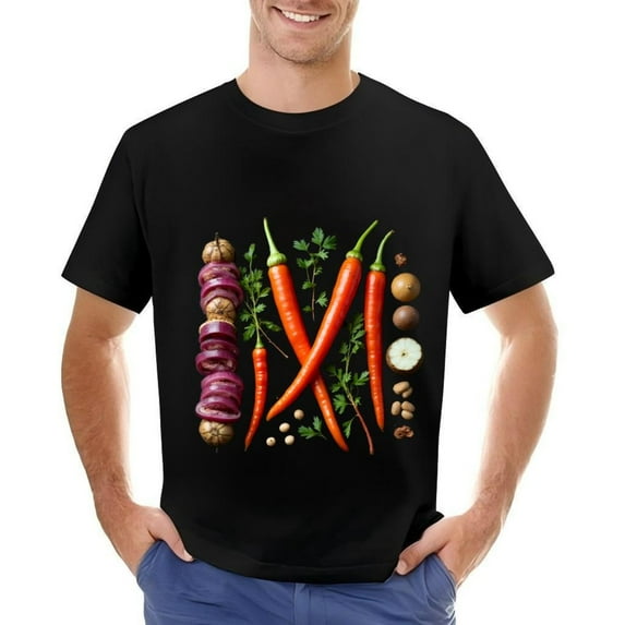 Men's Cotton Short Sleeve T-Shirt with Colorful Herbs and Vibrant Vegetable Design