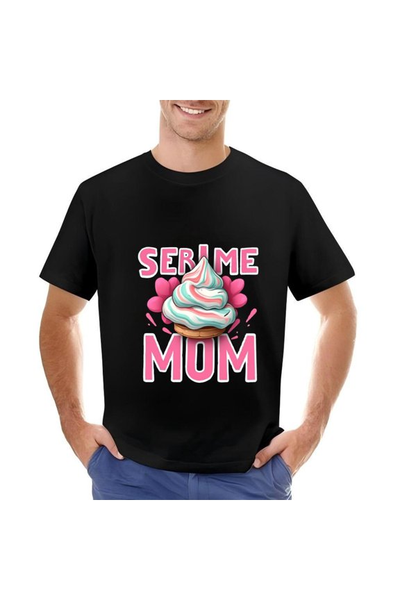 Men's Cotton Short Sleeve T-Shirt with Colorful Ice Cream Design and Hearts - " SERI ME MOM " Graphic Tee