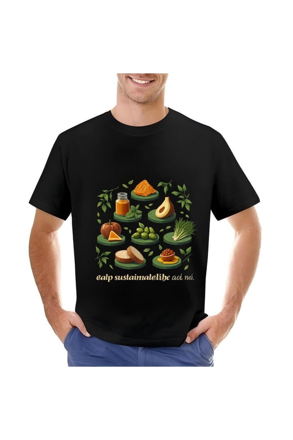 Men's Cotton Short Sleeve T-Shirt with Colorful Illustration on Green Leaves - Sustainable Lifestyle Design