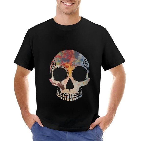 Men's Cotton Short Sleeve T-Shirt with Colorful Intricate Design - Vibrant Patterns on Black Background