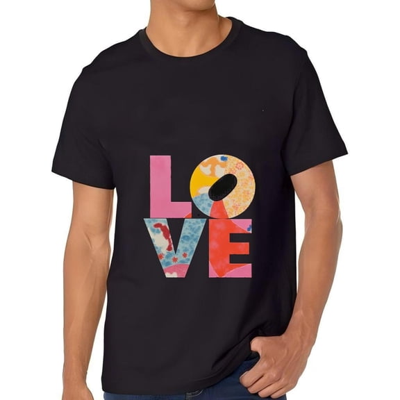 Men's Cotton Short Sleeve T-Shirt with Colorful ' LOVE ' Design - Bold Multicolored Patterns in Pink Yellow Blue & Red - Casual Tee Top