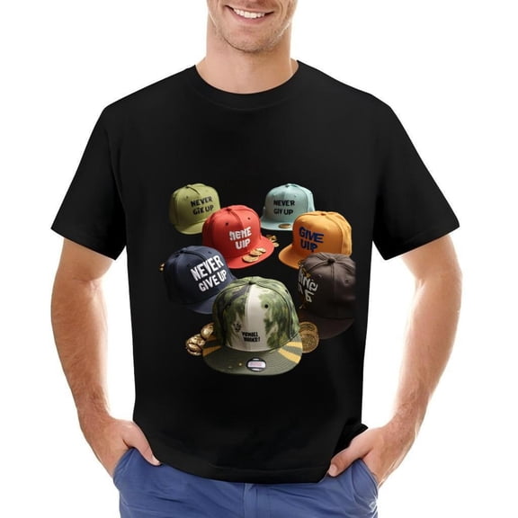 Men's Cotton Short Sleeve T-Shirt with Colorful Motivational Hat and Coin Graphic - " NEVER GIVE UP " Design Casual Wear