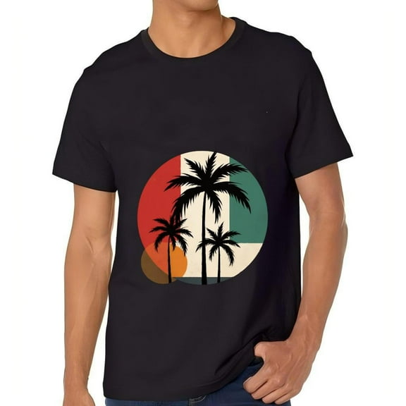 Men's Cotton Short Sleeve T-Shirt with Colorful Palm Tree Graphic Design - Tropical Vibe Tee Top