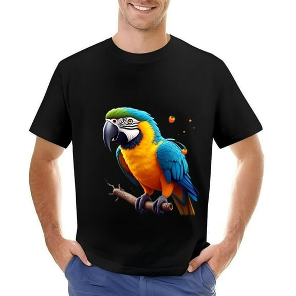 Men's Cotton Short Sleeve T-Shirt with Colorful Parrot Design - Vibrant Blue Yellow and Green Pattern Perfect for Casual Wear