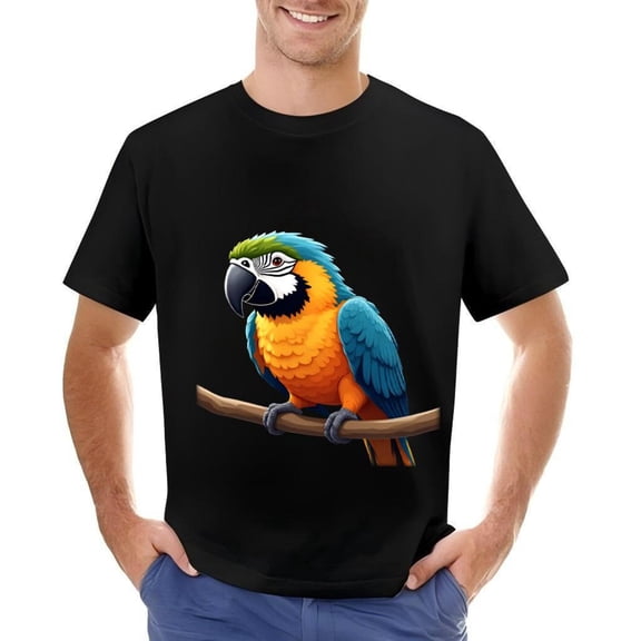 Men's Cotton Short Sleeve T-Shirt with Colorful Parrot Design - Vibrant Blue Yellow and Orange Pattern Perfect for Summer Style
