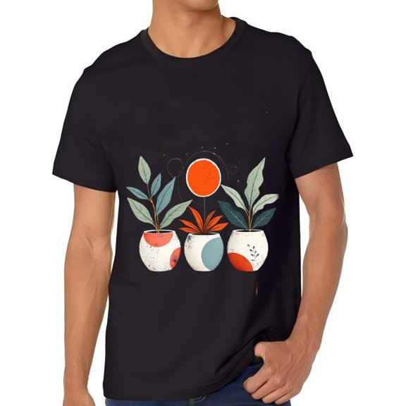 Men's Cotton Short Sleeve T-Shirt with Colorful Potted Plants Design - Artistic Minimalist Tee Featuring Unique Pot Patterns and Vibrant Green Leaves