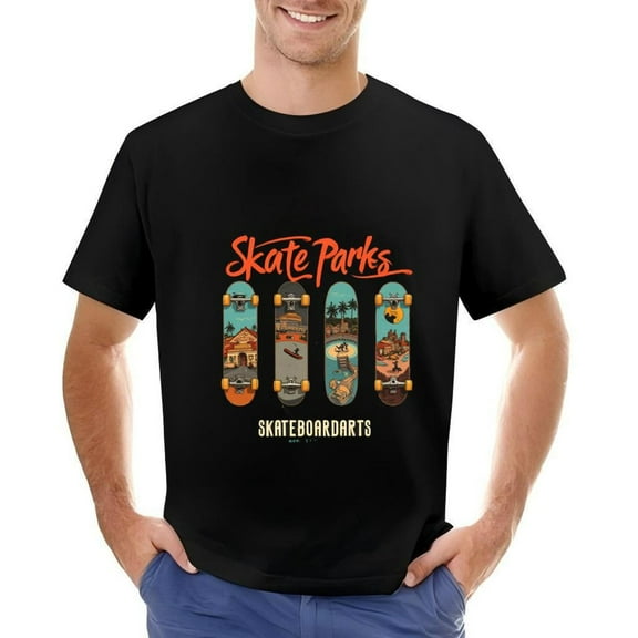 Men's Cotton Short Sleeve T-Shirt with Colorful Skateboard Graphic Design - ' Skate Parks ' & ' Skateboarders ' Text