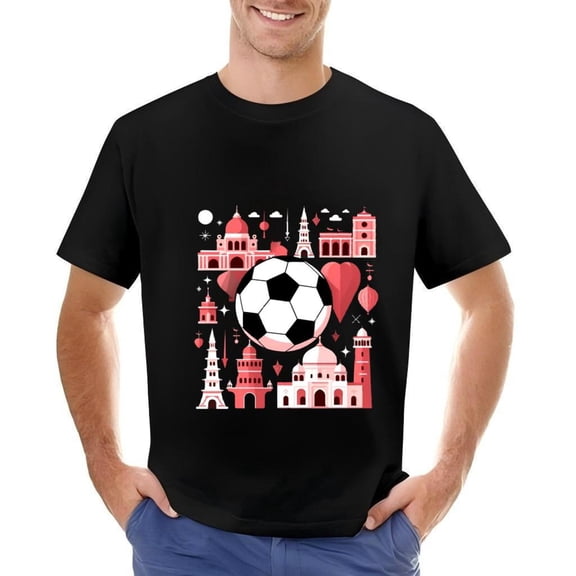 Men's Cotton Short Sleeve T-Shirt with Colorful Soccer Ball and Geometric Architectural Landmark Design
