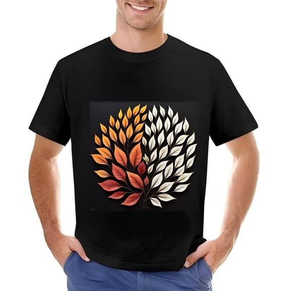 Men's Cotton Short Sleeve T-Shirt with Colorful Symmetrical Design - Orange Red & White on Black Background - Stylish & Balanced Graphic Tee