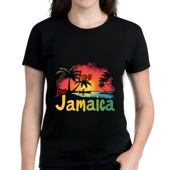 Men's Cotton Short Sleeve T-Shirt with Colorful Tree Sunset Graphic - 'Love Jamaica' Design in Red and Yellow