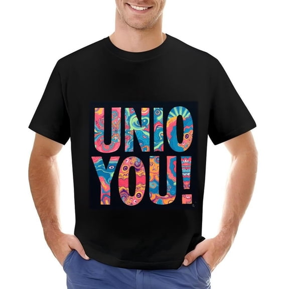 Men's Cotton Short Sleeve T-Shirt with Colorful ' UNIO YOU ' Design - Vibrant Swirling Patterns