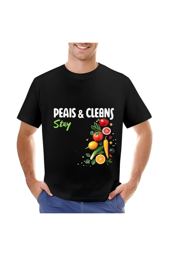 Men's Cotton Short Sleeve T-Shirt with Colorful Vegetable Design - " PEAIS & CLEANS " Graphic Tee for Lifestyle