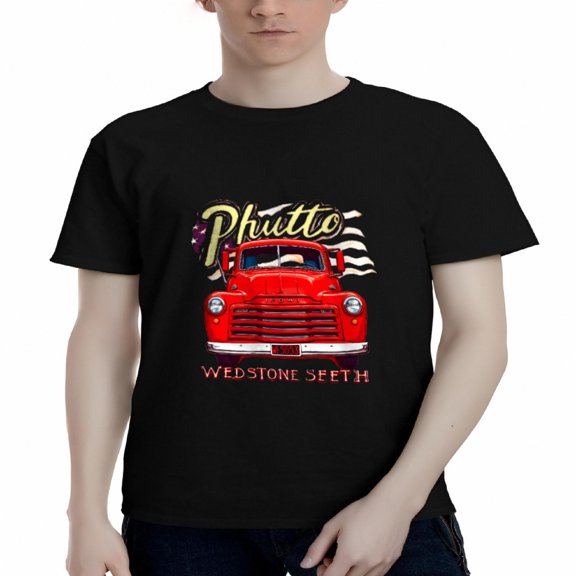 Men's Cotton Short Sleeve T-Shirt with Colorful Vintage Truck Graphic ' Phutto ' Text & Wavy American Flag Design - Perfect for Casual Wear