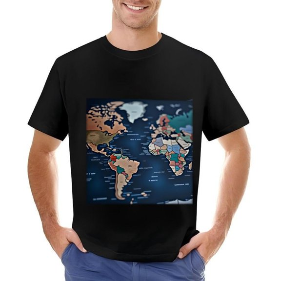 Men's Cotton Short Sleeve T-Shirt with Colorful World Map Design -All-cotton