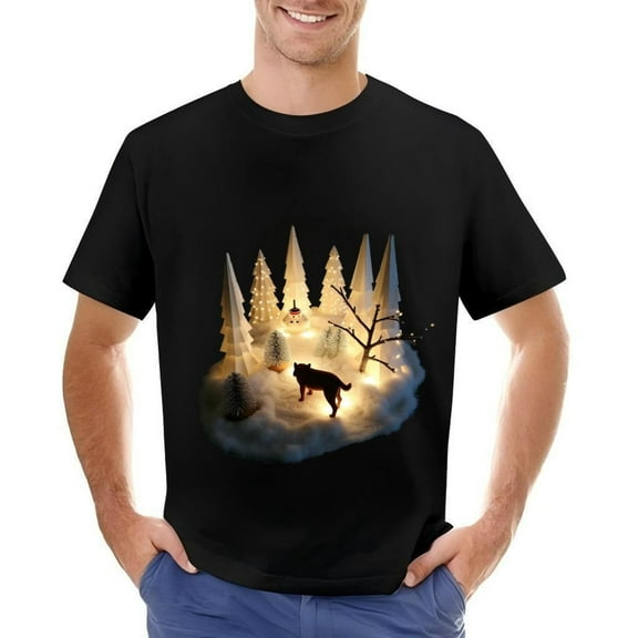 Men's Cotton Short Sleeve T-Shirt with Cozy Winter Scene Design - Snow - Covered Trees Snowman & Dog Festive Glow Lights