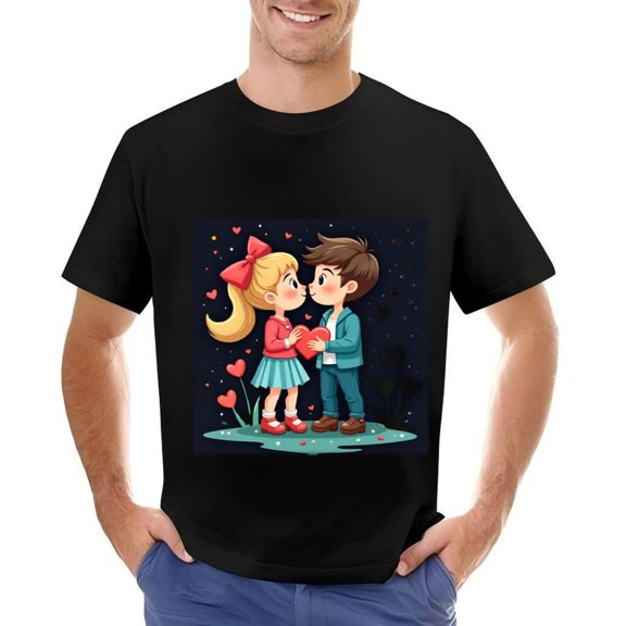 Men's Cotton Short Sleeve T-Shirt with Cute Cartoon Heart Design - Romantic Animated Characters Starry Background