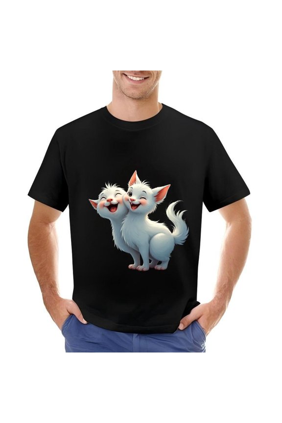 Men's Cotton Short Sleeve T-Shirt with Cute Cartoon Illustration of Two Cuddling White Cats on Dark Background