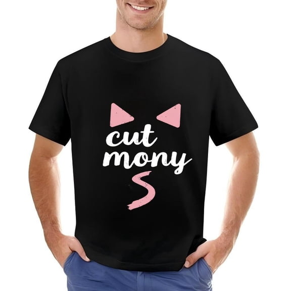 Men's Cotton Short Sleeve T-Shirt with Cute Pink and Tail Design ' Cut Many ' Text in White Cursive Font