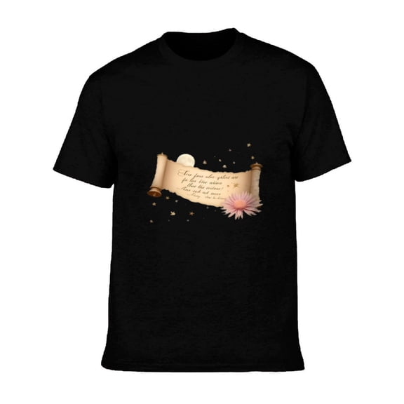 Men's Cotton Short Sleeve T-Shirt with Decorative Scroll Design Stars & Pink Flower - Romantic Quote Tee Top