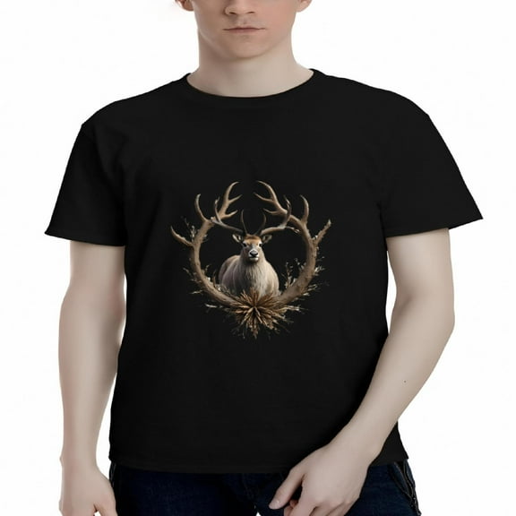 Men's Cotton Short Sleeve T-Shirt with Deer Graphic in Branch Frame - Nature-Inspired Tee Top for Outdoor Enthusiasts