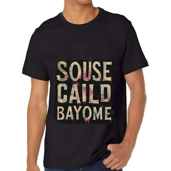Men's Cotton Short Sleeve T-Shirt with Distressed Graffiti Design - " SOUSE CAILD BAYOME " Graphic Tee Casual Artistic Style
