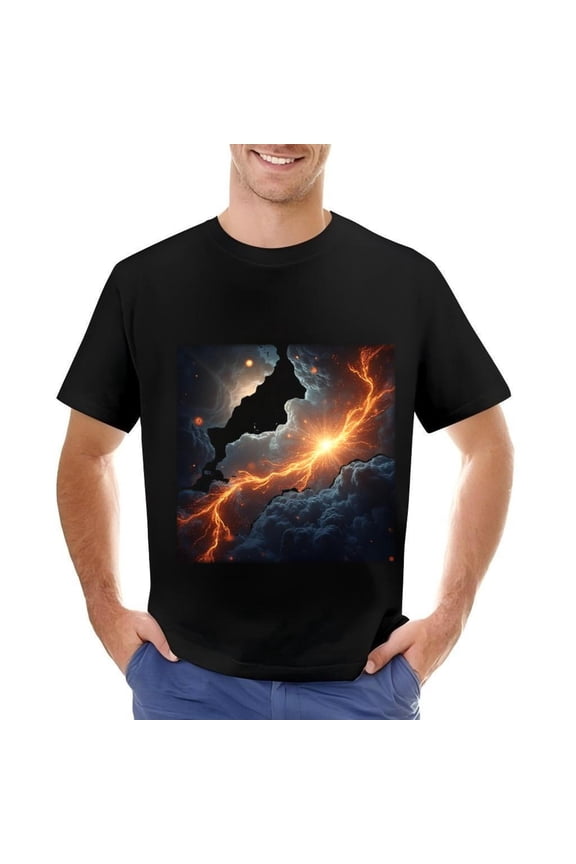 Men's Cotton Short Sleeve T-Shirt with Dramatic Lightning Pattern Against Dark Clouds - Energetic and Eye-Catching Design