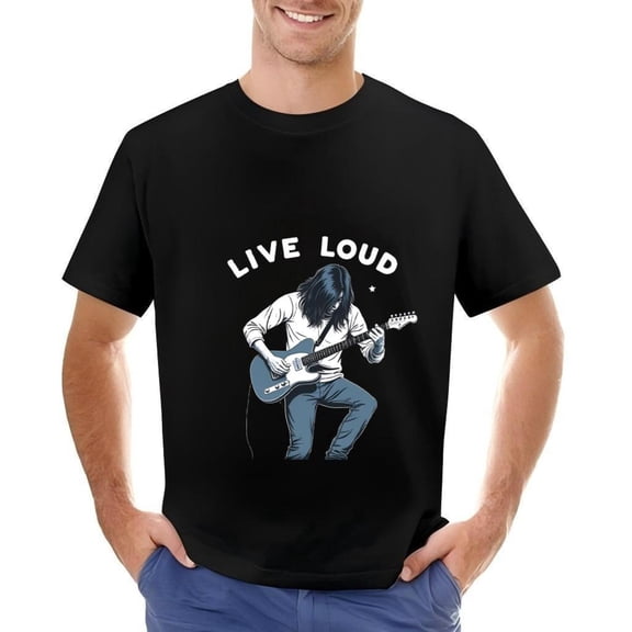 Men's Cotton Short Sleeve T-Shirt with Electric Guitar Graphic - ' LIVE LOUD ' Design Artistic Music Theme Black Color
