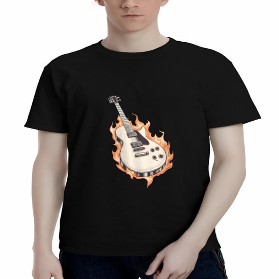 Men's Cotton Short Sleeve T-Shirt with Electric Guitar Graphic and Flame Design - Stylish Tee Top for Music Lovers