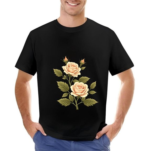 Men's Cotton Short Sleeve T-Shirt with Elegant Cream Roses and Green Leaves Floral Design on Black Background