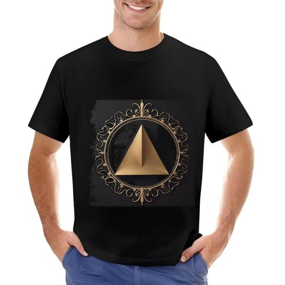 Men's Cotton Short Sleeve T-Shirt with Elegant Gold Geometric Triangular Design and Ornate Pattern
