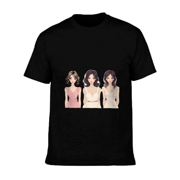 Men's Cotton Short Sleeve T-Shirt with Elegant Graphic of Three Stylish Female Figures in Pink White Design