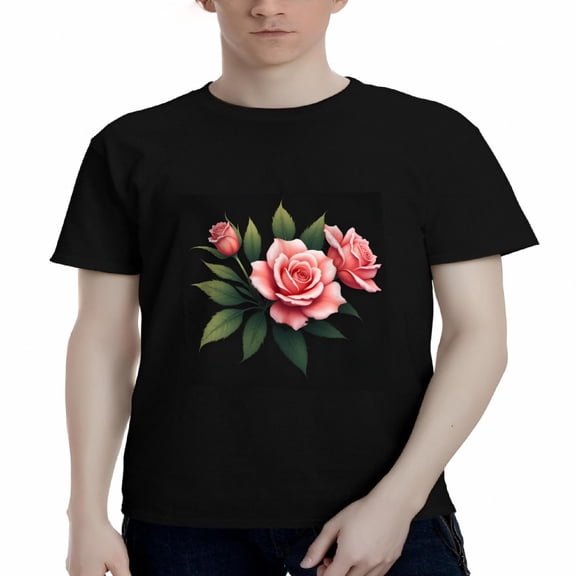 Men's Cotton Short Sleeve T-Shirt with Elegant Pink and Red Rose Floral Design on Dark Background - Stylish Tee Top