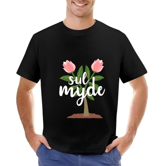 Men's Cotton Short Sleeve T-Shirt with Elegant Plant Graphic and Pink Flowers - Stylish Casual Tee with ' sul myde ' Text in White Cursive