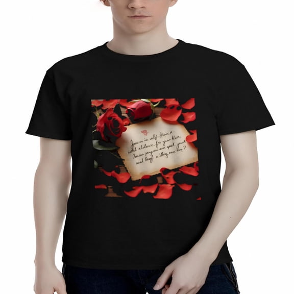 Men's Cotton Short Sleeve T-Shirt with Elegant Red Rose Design and Inspirational Quote - Romantic Tee Top