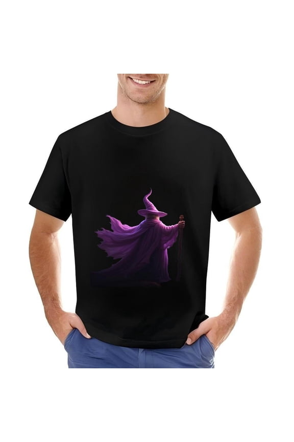 Men's Cotton Short Sleeve T-Shirt with Enchanting Wizard Design - Purple Robe Pointed Hat Mystical Atmosphere - Perfect for Fantasy Lovers