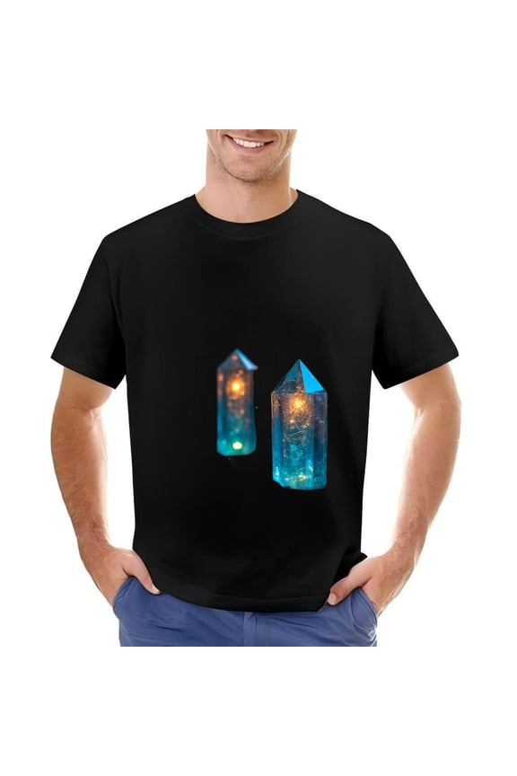 Men's Cotton Short Sleeve T-Shirt with Ethereal Glowing Design - Mystical Translucent Structures on Dark Background